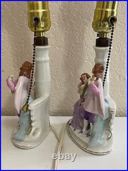 Vintage Antique German Porcelain Pair of Lamps with Courting Couple