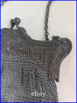 Vintage Antique German Silver Metal Mesh Purse With Leather Lining