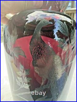 Vintage Antique German Sterling Silver Overaly Amethyst Art Glass Vase W Peacock
