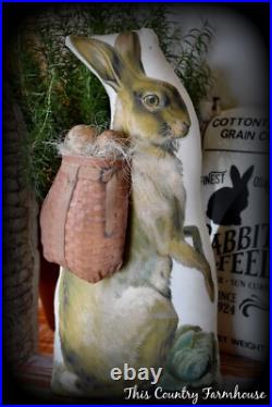 Vintage Antique German stand up bunny w Basket backpack folk art Easter display Vintage Antique German stand up bunny w Basket backpack folk art Easter display