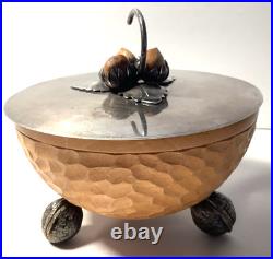 Vintage Antique Hammered Wood Nut Bowl withSterling Silver Lid Possibly German