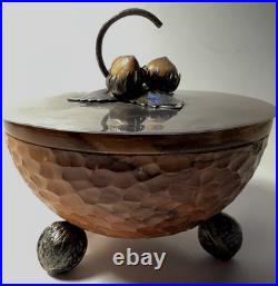 Vintage Antique Hammered Wood Nut Bowl withSterling Silver Lid Possibly German