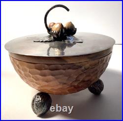 Vintage Antique Hammered Wood Nut Bowl withSterling Silver Lid Possibly German
