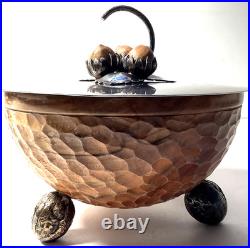 Vintage Antique Hammered Wood Nut Bowl withSterling Silver Lid Possibly German