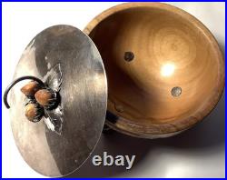 Vintage Antique Hammered Wood Nut Bowl withSterling Silver Lid Possibly German