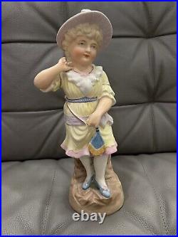 Vintage Antique Likely German Bisque Porcelain Figurine Girl / Woman with Fan