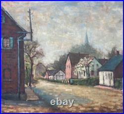 Vintage Antique Original Oil Painting Canvas -1950's German Street Scene -Signed