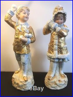 Vintage Antique Pair German Porcelain Bisque Figurines Lots Of Gold Exquisite