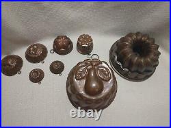 Vintage Antique Tin Lined Copper Jellocake Mold Lot Of 8 German Pears Cherries