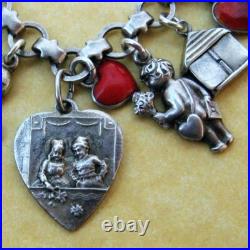 Vintage Antique Valentine Heart Charm Bracelet German Silver Enamel Cupids Love Vintage Antique Valentine Heart Charm Bracelet German Silver Enamel Cupids Love