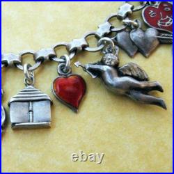 Vintage Antique Valentine Heart Charm Bracelet German Silver Enamel Cupids Love Vintage Antique Valentine Heart Charm Bracelet German Silver Enamel Cupids Love