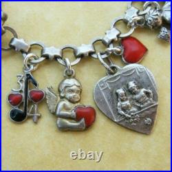 Vintage Antique Valentine Heart Charm Bracelet German Silver Enamel Cupids Love Vintage Antique Valentine Heart Charm Bracelet German Silver Enamel Cupids Love