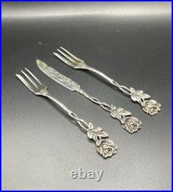 Vintage German 835 Silver Hildesheim Rose Cake Forks & Butter Knife Set, 3-Piece Vintage German 835 Silver Hildesheim Rose Cake Forks & Butter Knife Set, 3-Piece