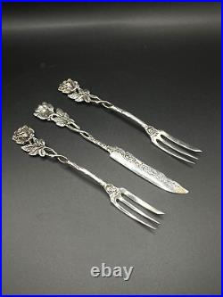 Vintage German 835 Silver Hildesheim Rose Cake Forks & Butter Knife Set, 3-Piece Vintage German 835 Silver Hildesheim Rose Cake Forks & Butter Knife Set, 3-Piece