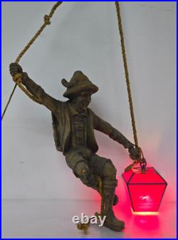 Vintage German Black Forest Hand Carved Mountain Climber with Lantern Hanging Lamp Vintage German Black Forest Hand Carved Mountain Climber with Lantern Hanging Lamp