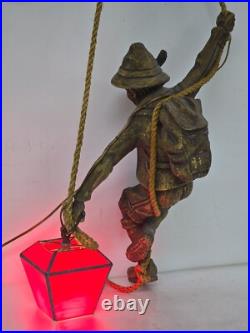 Vintage German Black Forest Hand Carved Mountain Climber with Lantern Hanging Lamp Vintage German Black Forest Hand Carved Mountain Climber with Lantern Hanging Lamp