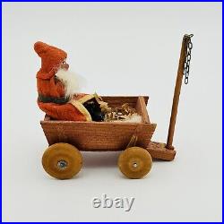 Vintage German Composition Santa Claus In Christmas Wooden Wagon RARE