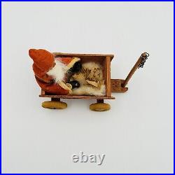 Vintage German Composition Santa Claus In Christmas Wooden Wagon RARE