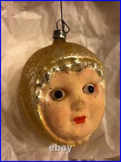 Vintage German Figural Baby Head Blown Glass Ornament withGlass Eyes CH23
