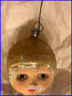 Vintage German Figural Baby Head Blown Glass Ornament withGlass Eyes CH23