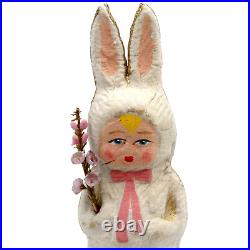 Vintage German Folk Art Painted Paper Christmas Ornament Bunny Child withBow Rare