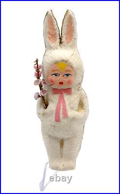 Vintage German Folk Art Painted Paper Christmas Ornament Bunny Child withBow Rare