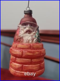 Vintage German Glass Santa in a Round Chimney Christmas Ornament OP-R3