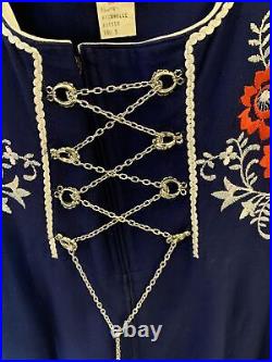 Vintage German Landhaus Dirndl Blue Embroidered Floral Lace Up Corset Dress