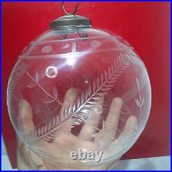 Vintage German Large Glass Etched Christmas Round Ornament Hand Made 5.5 Rare
