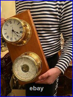 Vintage German Schatz Hermle Ship Brass Maritime Clock Barometer Wood Backboard