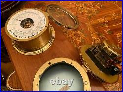 Vintage German Schatz Hermle Ship Brass Maritime Clock Barometer Wood Backboard
