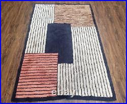 Vintage German Shag Rug 4x6 Small Geometric Abstract Hooked Carpet Ivory Black