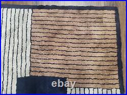 Vintage German Shag Rug 4x6 Small Geometric Abstract Hooked Carpet Ivory Black