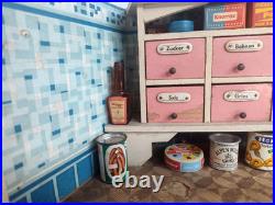 Vintage German Toy Kitchen Diorama with Apothecary Drawers & Groceries (#1)