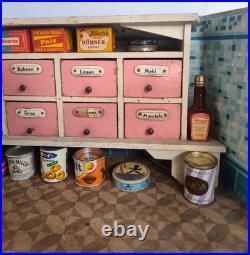 Vintage German Toy Kitchen Diorama with Apothecary Drawers & Groceries (#1)