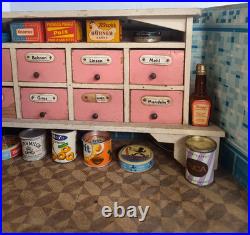 Vintage German Toy Kitchen Diorama with Apothecary Drawers & Groceries (#1)