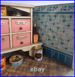 Vintage German Toy Kitchen Diorama with Apothecary Drawers & Groceries (#1)
