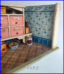 Vintage German Toy Kitchen Diorama with Apothecary Drawers & Groceries (#1)
