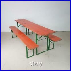 Vintage Industrial German Beer Table Bench Set Garden Furniture Orange