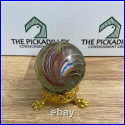 Vintage Large Antique German Swirl Glass Shooter Marble with Gold Paw Stand