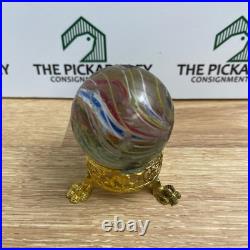 Vintage Large Antique German Swirl Glass Shooter Marble with Gold Paw Stand
