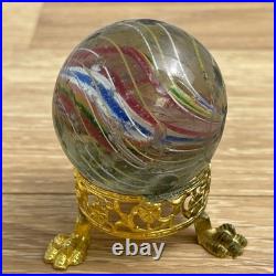 Vintage Large Antique German Swirl Glass Shooter Marble with Gold Paw Stand