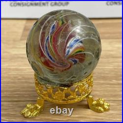 Vintage Large Antique German Swirl Glass Shooter Marble with Gold Paw Stand