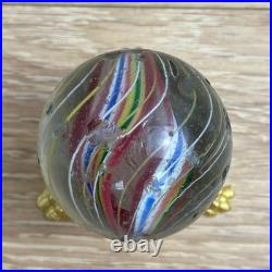 Vintage Large Antique German Swirl Glass Shooter Marble with Gold Paw Stand