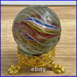 Vintage Large Antique German Swirl Glass Shooter Marble with Gold Paw Stand