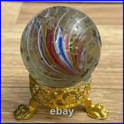 Vintage Large Antique German Swirl Glass Shooter Marble with Gold Paw Stand