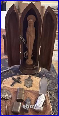 Vintage Mother Mary Hinged Wood Box Shrine Antique German Miniature Statues More