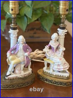 Vintage Pair Antique German Porcelain Boudoir Lamps Gentleman & Lady c. 1925
