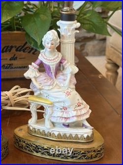 Vintage Pair Antique German Porcelain Boudoir Lamps Gentleman & Lady c. 1925