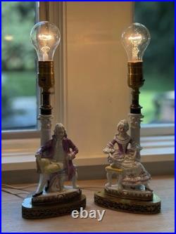 Vintage Pair Antique German Porcelain Boudoir Lamps Gentleman & Lady c. 1925